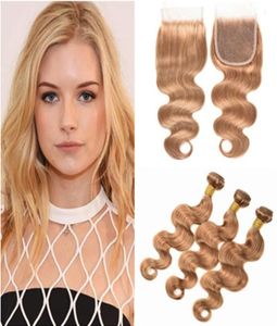 Honey Blonde Virgin Brasilian Human Hair Body Wave Weave Bunds med stängning 27 Strawberry Blonde Virgin Hair Wefts med 4x4 Lac6875465