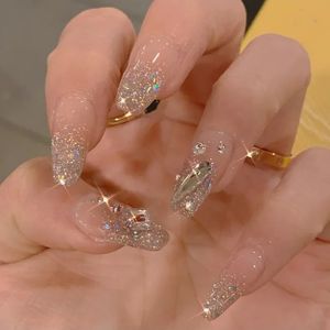 24pcs 모조 다이아몬드 디자인 가짜 손톱 반짝이는 신부 여성 레이디 파티 네일 DIY 장식을 누름 팁 거짓 손톱 패치에 눌러