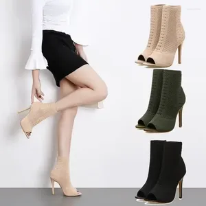 Klänningskor Green Sticking Elastic Womens Sock Ankle Boots Open Toe High Heels Fashion Ladies Pumps Pole Dancing