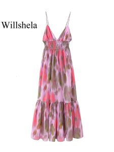 Willshela Women Women Fashion Stampato Elastico in giro in giro senza schienale Up Abito midi cinghie vintage sottili cinghie femminili da donna ad abiti da donna chic.