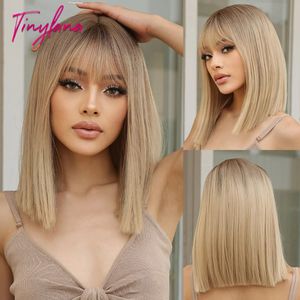 Kort rak Bob Gray Ash Blonde syntetiska peruker med Bangs Natural Blunt Cut Hair Wig For White Women Daily Heat Resistant 240419