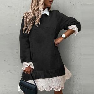 Casual Dresses Fall Winter Polo Collar Button Shirt Dress Women Sexy Patchwork Embroidery Lace Elegant Long Sleeve Femme Sweatshirt