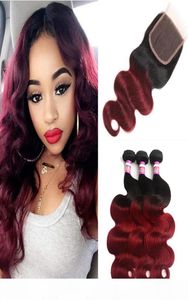 Brazilian Body Wave Remy Human Hair 3 Bundle With Closure Ombre Burgundy 1B 99 Human Hair Extensions Two Tone Virgin Hair Vendors9714353