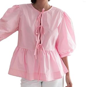 Camicette da donna Puloru estate chic sbuffi camicie a maniche corte colpne colpiciata davanti tops sciolte