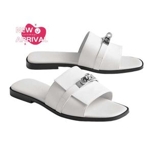 Designer Womens Classic Palladium Plated Buckle White Calf Leather Summer Casual Sandals