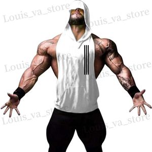 Men's T-Shirts Men Summer Gym Shirt Strt Hooded Slveless T-shirts For Man Tank Tops Workout Singlets Sport Suspenders Vest Clothing T240419