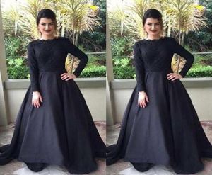 Modest Muslim Evening Dress Black Bateau Neck Long Sleeve Lace Top Prom Party Gowns Cheap High Quality Formal Wear with Sweep Trai6336658