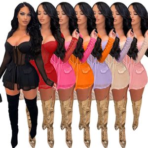 Kadınlar Seksi şeffaf örgü iki parçalı set uzun kollu gömlekler mahsul üst + kısa pantolon moda bluz takım elbise gece kulübü parti kıyafetleri