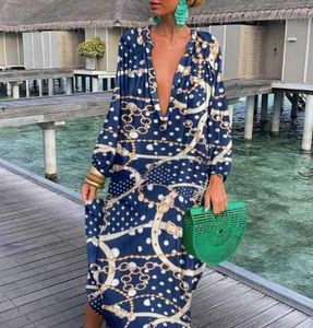 Casual Dresses Women Boho Print Loose Beach Elegant Retro Harajuku V-ringning Maxi Dress Sexig långärmad överdimensionerad G691A