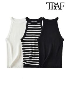 Traf Summer Chic Stripe kolsuz tişörtler kayış üstleri kadın basit seksi spor yeleği kadın y2k tank alt gömlek mujer 240419