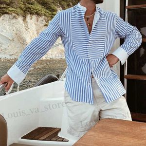 Men's Casual Shirts Vintage Leisure Striped Printed Shirts For Mens Spring Long Slve Loose Button Cardigan Men Clothing Casual Stand Collar Shirt T240419