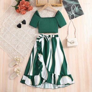 Одежда наборы моды для 8-12ys Girl Dress Summer Girls Green Green Top Ретро-полоса Юбка с двумя частями праздничные каникулы ежедневные повседневные