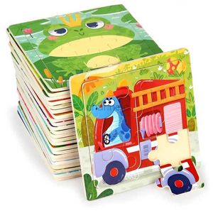 3D Puzzles 11x11cm Montessori Wooden Puzzle Cartoon Animal Traffic Jigsaw 3d Puzzle Baby Early Learning Educational Toys For Kids 240419