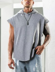 Men's Tank Tops 2024 Hooded Solid Color Casual Pullover Sports T-shirt Sleeveless Waistcoat Loose