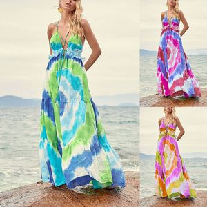 新しい春と夏エレガントなファッション女性のミッドレングススパゲッティストラッププリントラッフルビーチドレス
