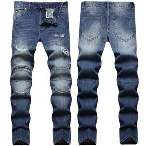 Mäns jeans trendiga blixtlås rippade smala fötter blå höst/vinterstil