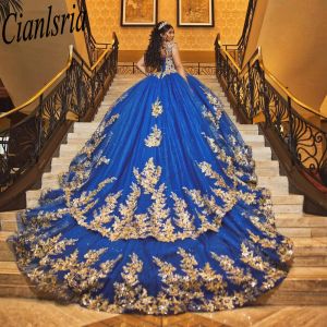 Scintillante Royal Blue Princess Abito da ballo Quinceanera Dresses 2024 Appliques Sweetheart Wippled Vestidos de 15 Anos Gala