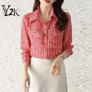 Bluzki damskie Y2K Designer Praca biurowa ol koszule jesienne wiosna w kratę vintage druk czerwony w damskich topach Blusa Mujer Moda
