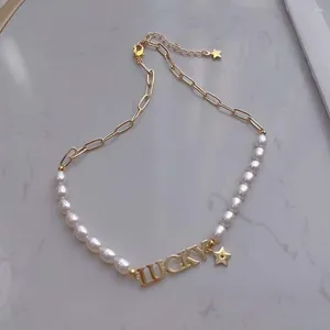 Chains 18K Gold-plated LUCKY Necklace 6-7MM Natural Fresh Water Rice Pearl Ladies