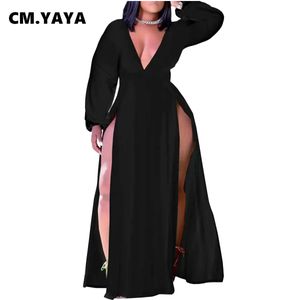 CM.YAYA Women Plus Size Dress Solid Cleavage Splited Maxi Long Dresses Female Fashion Sexy Night Club Vestidos Autumn Outfits 240415