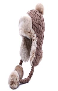 Women Trapper Hats Winter Warm Faux Fox Fur Bomber Hat Beanies Russian Ushanka Wool Knit Pom Pom Earflaps Aviator Caps1411895