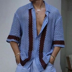 Men Luxury Knit Polo Shirt Short Sleeve Casual Streetwear Button Down Hollow Out Breathable Striped Contrast Tops Summer Clothes 240403