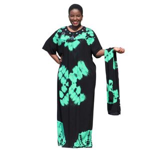 Ethnische Kleidung 100% Baumwolldiamonds Blumen Maxi atemberaubende Dashiki Elegant African Ladies Evening Long Kleid mit Schal D240419