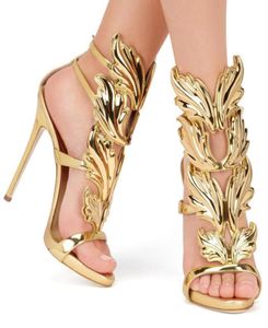 Złote metalowe skrzydła liść sukienka Sandał Sandał Sandał Gold Red High Heels Buty Women Metallic Winged Sandals33183534358608
