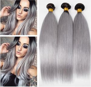 1BGrey Dark Root Ombre Peruvian Human Hair Weave Bundles Straight Black and Silver Grey Ombre Human Hair Weft Extensions 3Pcs Lo5160150