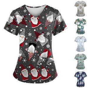 Women's T Shirts Christmas Scrubs Uniforms Workwear Women Casual V Neck Short Sleeve Tops Blouse Santa Printed Working Nursing