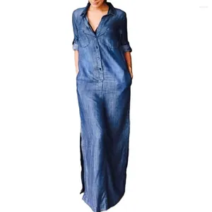 Vestidos casuais mulheres vestido jeans de gola virada de manga comprida elegante botão de camisa elegante bainha bohemian maxi