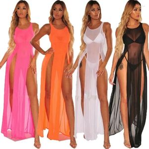 Moda de sono feminina Fashion Sexy Super elástico Multi-Color Mesh Salia de praia Transparente Dressão de dormir longa Vestido feminino Lingerie