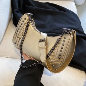 Hobos Top Brand Motorcycle Purse Stylish Rivet Designer Crossbody Bag Female Luxury Chain Shoulder Bags for Women 2022 Armpit Satchel