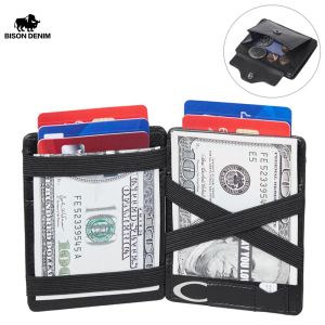 Wallets Bison Denim Genuine Leather Card Holder Magic Wallet Slim Bifold Rfid Men Women Wallets Coin Pocket Mini Money Purse Cash Clip