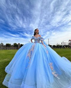 Sky Blue Princess Quinceanera Dresses Ruffles Peplum Off Shoulder Floral Applique Corset Vestidos 15 Anos Quinceanera 2024