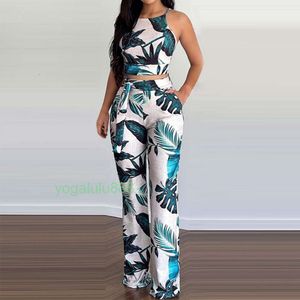 Summer Palm Leaf Printed Sexig Sling Top Long Pant With Belt Women 2 Peice Set S-XL