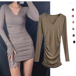Casual Dresses Pure Desire Sexy V Neck Pleating Slim Looking Inner Wear Dress Skinny Sheath Bottoming Cold Petite Short