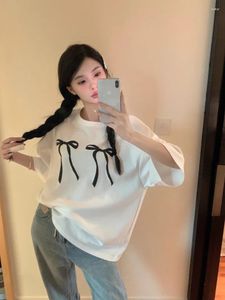Women's T Shirts Korean Sweet Girl Chic Bow Printed O-neck Short-sleeved T-shirt Summer Loose Casual White Top Fashion Female Clothes