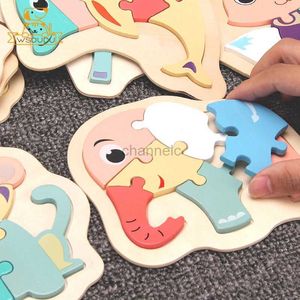 3D -pussel träpussel Animal Jigsaw Elephant Fox Dolphin Airplane Classic Game Shape Color Board Education Montessori Toy Toddler Gift 240419