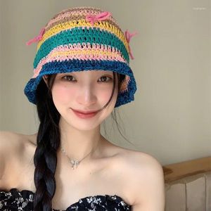 Berets Gradient Crochet Striped Bucket Hats For Women Bow Knitted Panama Bob Female Fisherman Outdoor Beach Sunscreen Caps Gorros