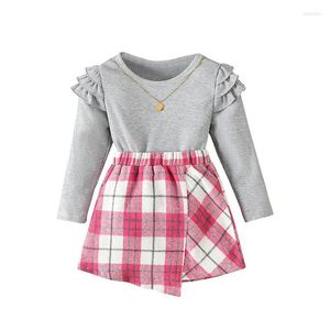 衣類セット幼児の女の子2pcs fall衣装フリル長袖丸い首のトップ格子縞のスカートセットベビー服