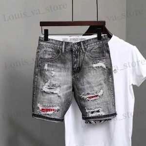 Men's Shorts Straight Graphic Man Denim Shorts Kn Length Multi Color Long Half Short Jeans Pants for Men Ripped Harajuku Blue Y2k Hip Hop T240419