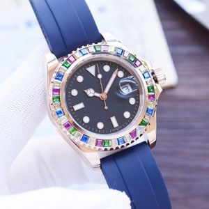 Rox 40mm Candy Series Limited Edition Watch Inlaid med färgade ädelstenar Titta på Rainbow Watch Crown Nautical Series Rotertable Gem Ring Rubber Watch Strap 006