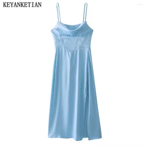 Casual Dresses KEYANKETIAN Summer Fashion Sexy Corset Style Lingerie Dress Satin Texture High Waist Slit Skirt Ladies Long