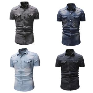 Manga nova moda lavagem casual lapela jeans de manga curta Camisa Ferramenta de ferramentas para homens