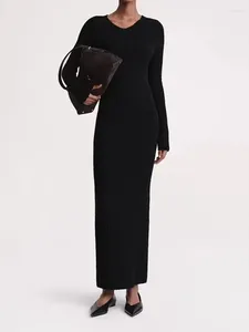 Casual Dresses Women's Wool Blends Black Knit Dress Stretch V-neck Long Sleeve Slim Fit Fashion 2024 Spring Female Midi Robes