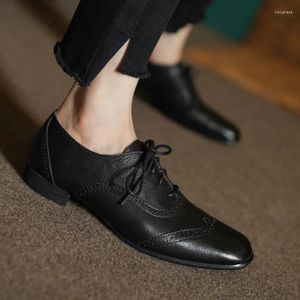 Casual Shoes Women Basic Brogue Real Leather Comfort Flats Square Toe Woman Lace-Up Cowhide Retro Oxfords For Daily British Style