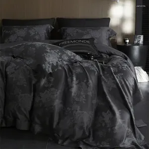 Bedding Sets Dark Gray Vintage Jacquard Lyocell Cotton Luxury Set Soft Silky Duvet Cover Bed Sheet Fitted Pillowcases 4Pcs