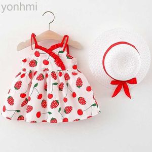 Girl's Dresses 2Piece Summer Toddler Girl Clothes Korean Cute Strawberry Cherry Print Sleeveless Cotton Baby Dresses+Sunhat Kids Dress BC158 d240423