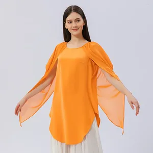 Women's T Shirts Elegant Ruffles Flying Sleeve Orange Silk Tops Autumn O-Neck Solid Streetwear Woman Tshirts Party Straight T-Shirts BE831